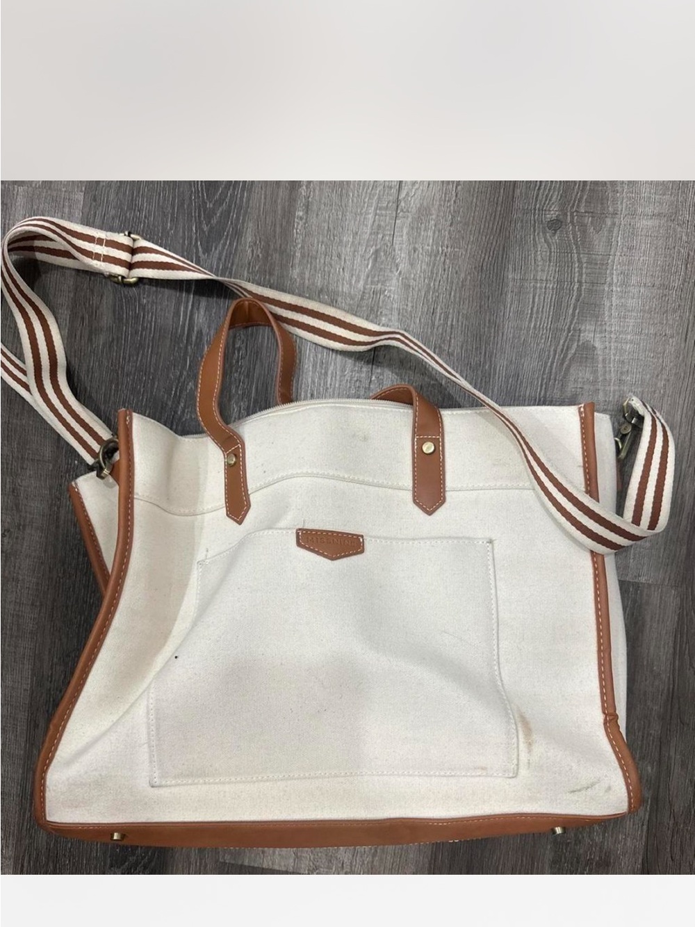 Canvas Tote Bag with Brown Leather Trim - White